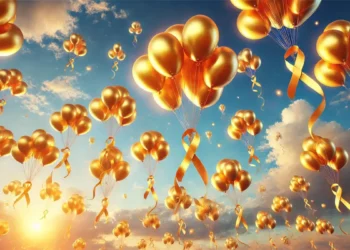 Golden Balloons Rise In Sky