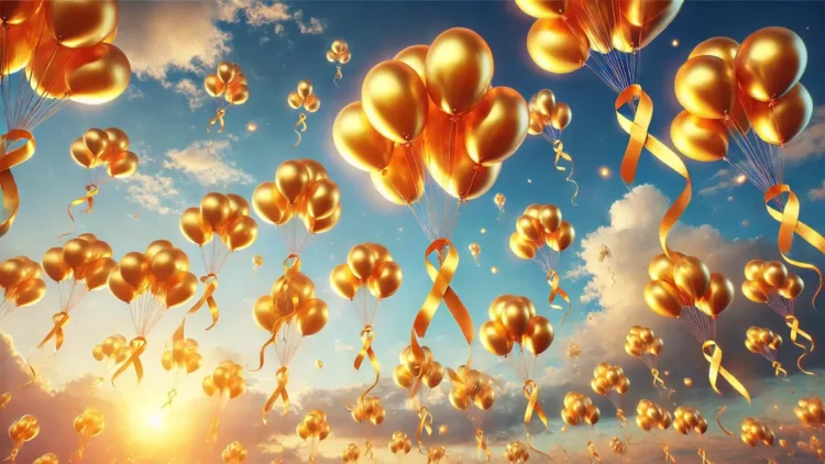 Shining a Golden Light on Childhood Cancer 1 Golden Balloons Rise In Sky