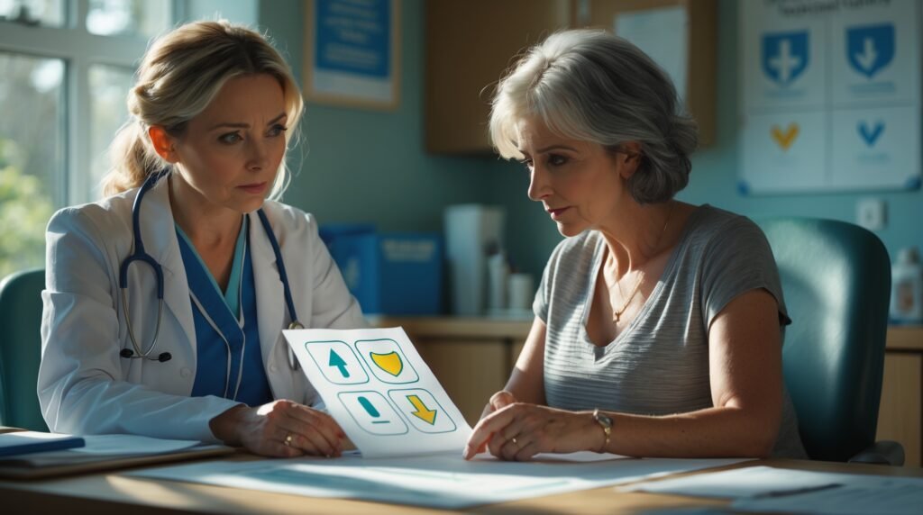 Understanding The Burden of UTI Hospitalisations. 2 Two Women Discus In A Medical Setting